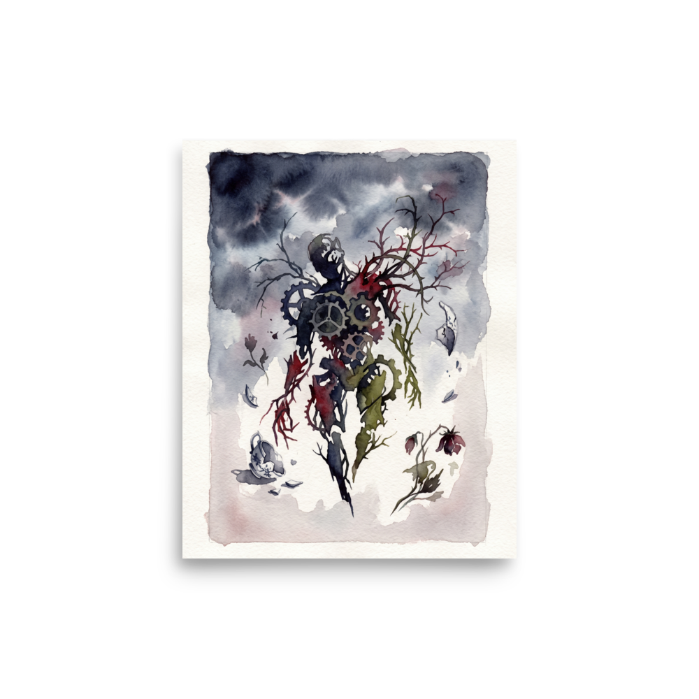A surreal watercolor painting of a human silhouette made of clockwork gears and thorny tree branches next to a shattered teacup and wilting flowers, ideal for a studio. Available as the Surrealism art print 'Clockwork Fragility'.