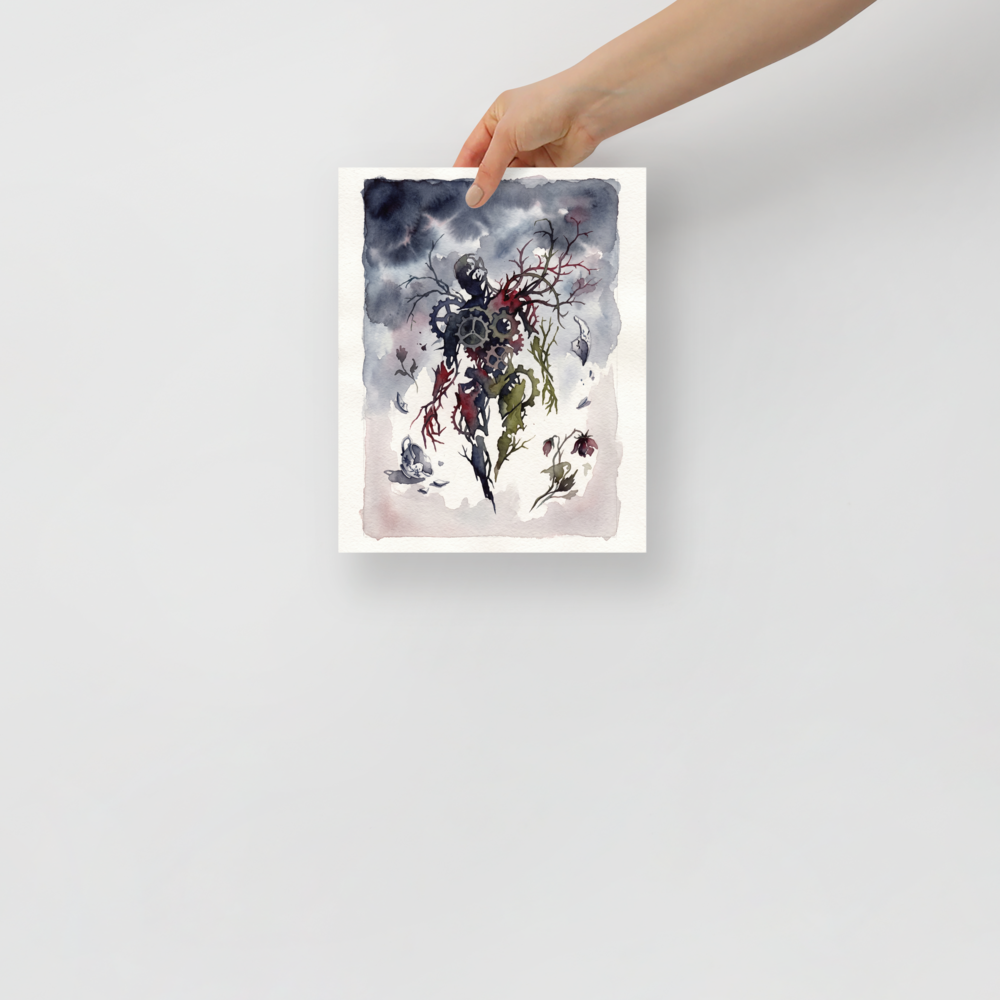 A surreal watercolor painting of a human silhouette made of clockwork gears and thorny tree branches next to a shattered teacup and wilting flowers, ideal for a studio. Available as the Surrealism art print 'Clockwork Fragility'.