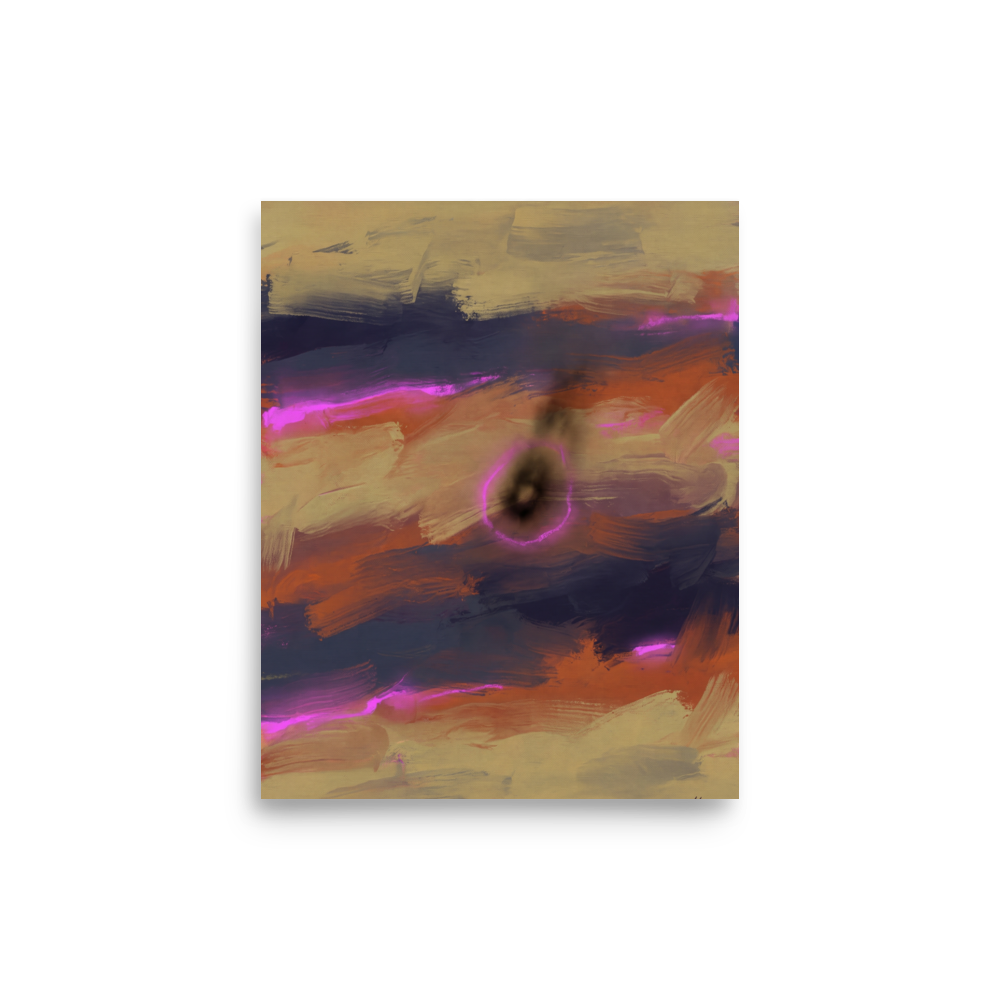 Electric magenta light streaks and a glowing central void over rust and indigo abstract canvas in a bedroom wall art setting. Shown here as the Abstract expressionism print 'Neon Singularity'.