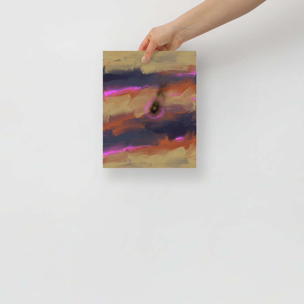 'Neon Singularity'. Electric magenta light streaks and a glowing central void over rust and indigo abstract canvas in a bedroom wall art setting. Offered as a Abstract expressionism print.
