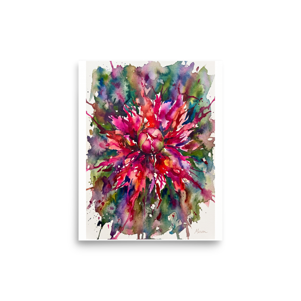 An expressive watercolor illustration of a magenta flower bursting into colorful splashes, ideal for dining room wall art. A Abstract art print in magenta and crimson, 'Botanical Burst'.