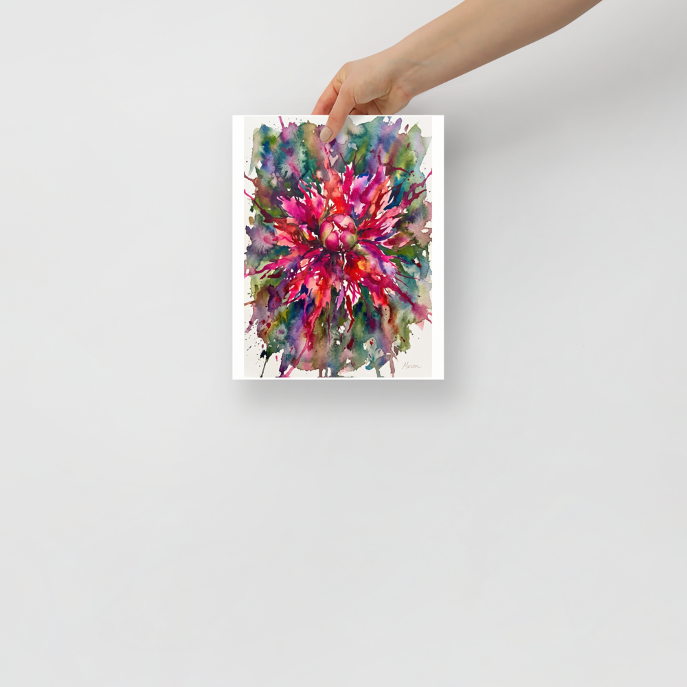 An expressive watercolor illustration of a magenta flower bursting into colorful splashes, ideal for dining room wall art. A lively / vibrant piece titled 'Botanical Burst'.