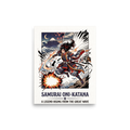 Shin hanga wall art, 'Legend of the Wave'. An action comic illustration of a leaping female samurai with a flaming katana before Mount Fuji and ocean waves, ideal for game room wall art.