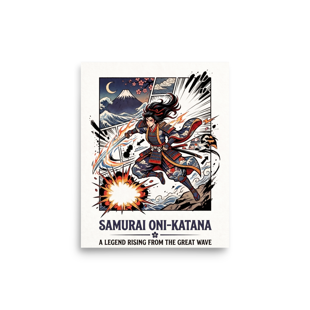 Shin hanga wall art, 'Legend of the Wave'. An action comic illustration of a leaping female samurai with a flaming katana before Mount Fuji and ocean waves, ideal for game room wall art.