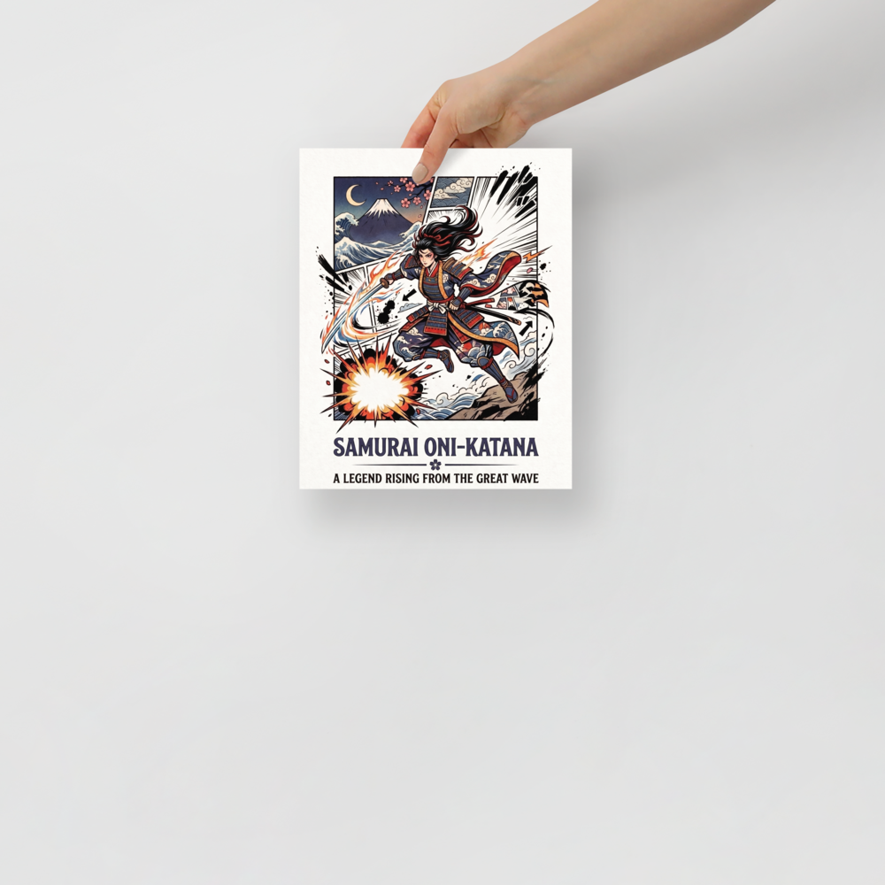 An action comic illustration of a leaping female samurai with a flaming katana before Mount Fuji and ocean waves, ideal for game room wall art. Available as the Shin hanga art print 'Legend of the Wave'.