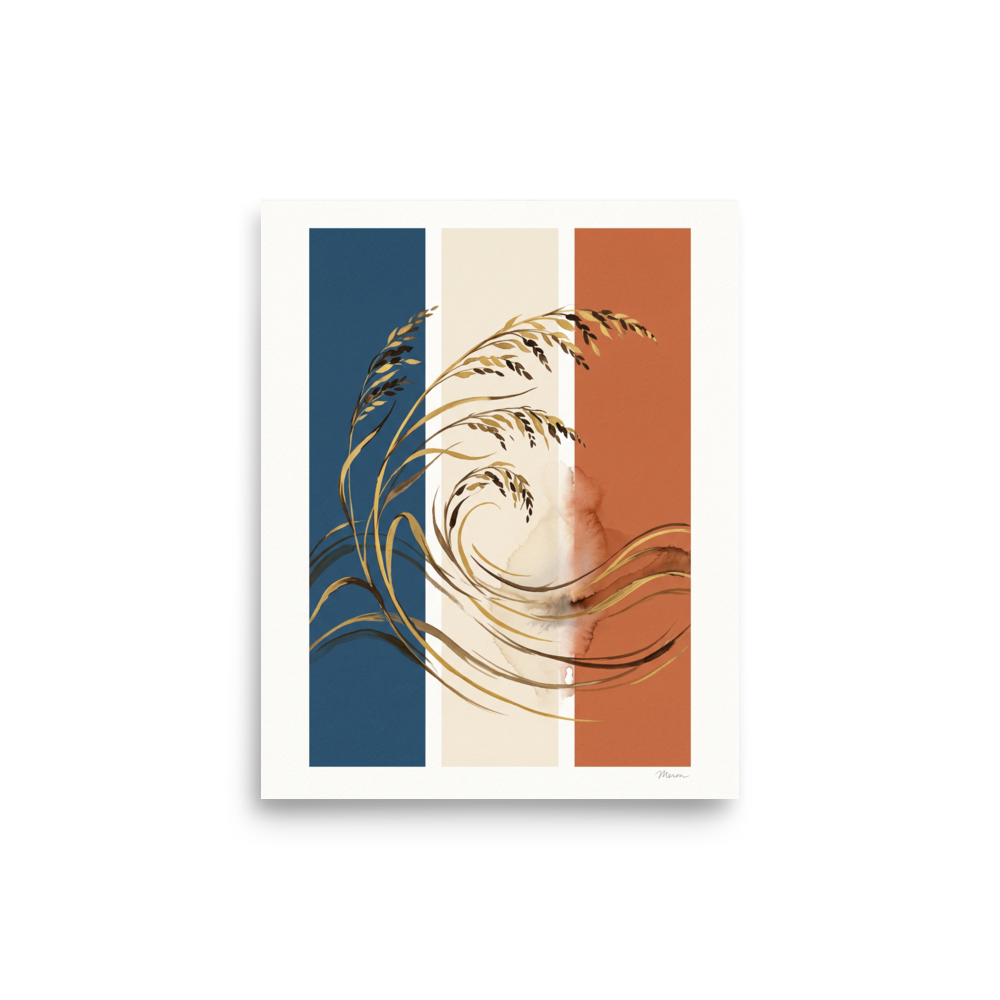 The Abstract art print 'Golden Prairie Trio'. Sweeping golden wild oats drawing layered across denim blue, off-white, and rust orange color blocks, ideal for a living room.