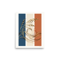The Abstract art print 'Golden Prairie Trio'. Sweeping golden wild oats drawing layered across denim blue, off-white, and rust orange color blocks, ideal for a living room.