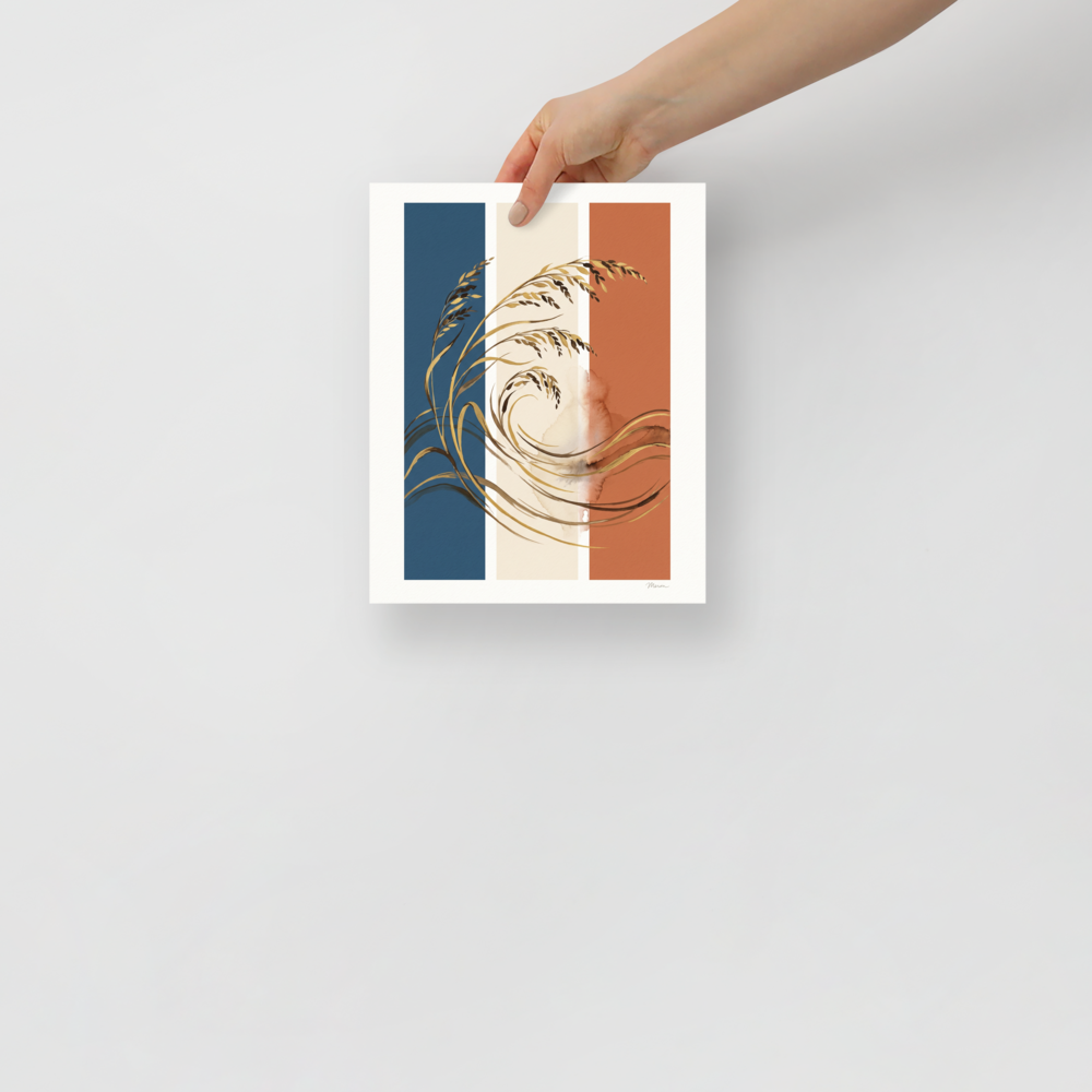 Sweeping golden wild oats drawing layered across denim blue, off-white, and rust orange color blocks, ideal for a living room. A Abstract art art print titled 'Golden Prairie Trio'.