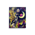 'Jazz Heron Nocturne', a Surrealism wall art print. Psychedelic surreal painting of a heron with saxophone wings in a music lounge.
