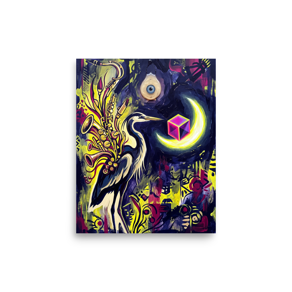 'Jazz Heron Nocturne', a Surrealism wall art print. Psychedelic surreal painting of a heron with saxophone wings in a music lounge.