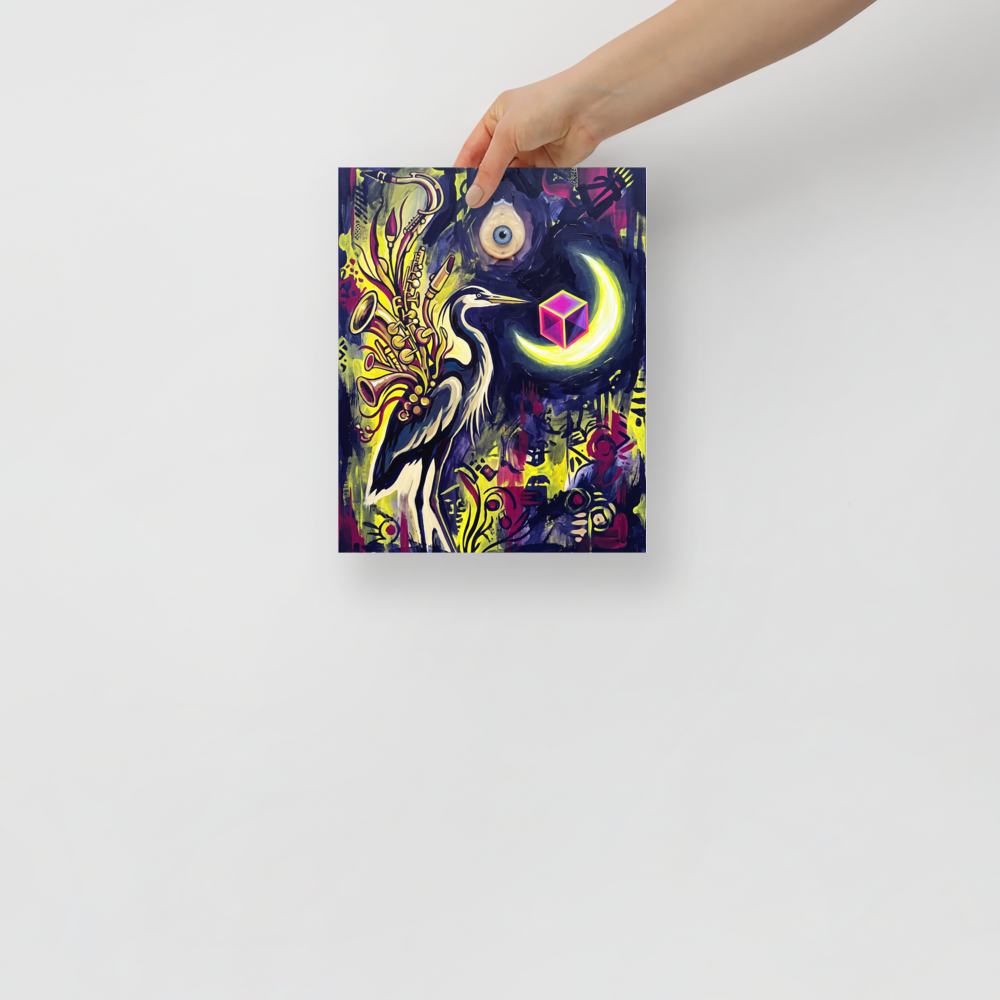 Wall art print 'Jazz Heron Nocturne' in a Surrealism style. Psychedelic surreal painting of a heron with saxophone wings in a music lounge.