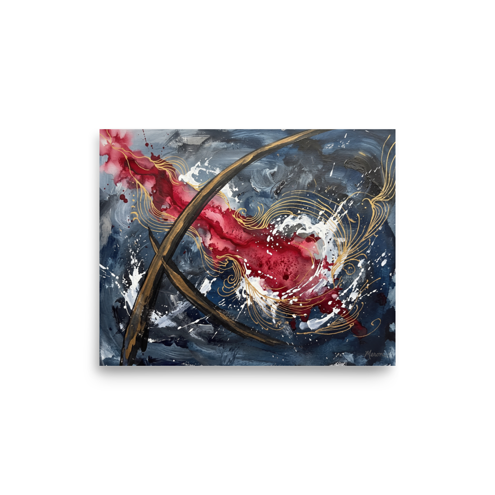 A dynamic abstract expressionist print featuring crimson red washes and metallic gold swirling lines against slate blue and white splatters for a modern living room statement wall. A Abstract expressionism print in crimson and slate gray, 'Crimson Arcs & Slate Echoes'.