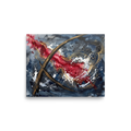 A dynamic abstract expressionist print featuring crimson red washes and metallic gold swirling lines against slate blue and white splatters for a modern living room statement wall. A Abstract expressionism print in crimson and slate gray, 'Crimson Arcs & Slate Echoes'.