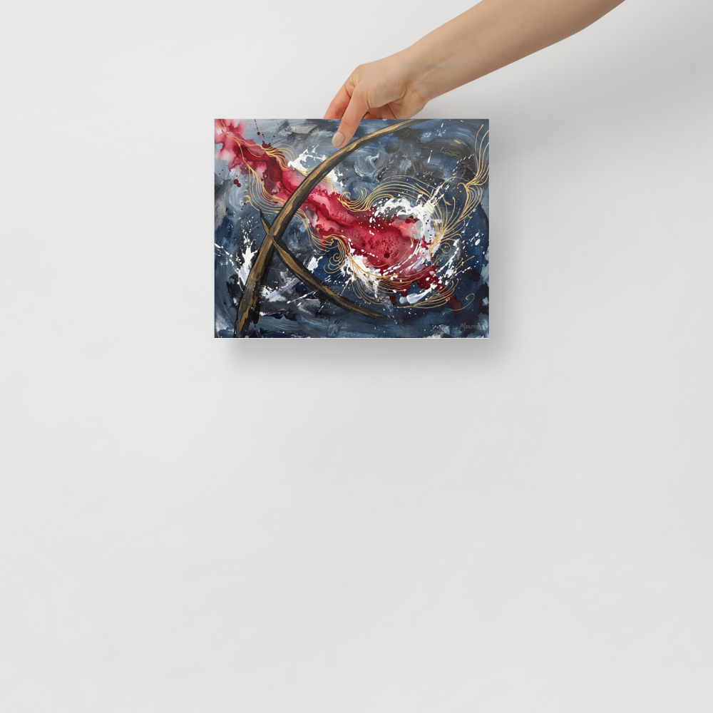 'Crimson Arcs & Slate Echoes', part of Meron's Abstract expressionism wall art. A dynamic abstract expressionist print featuring crimson red washes and metallic gold swirling lines against slate blue and white splatters for a modern living room statement wall.