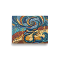 Art Nouveau wall art exploring mythology, 'Quetzalcoatl's Tempest'. A stained-glass style painting of a serpent summoning a storm vortex in a Game Room decor setting.