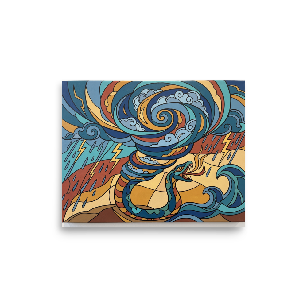 Art Nouveau wall art exploring mythology, 'Quetzalcoatl's Tempest'. A stained-glass style painting of a serpent summoning a storm vortex in a Game Room decor setting.