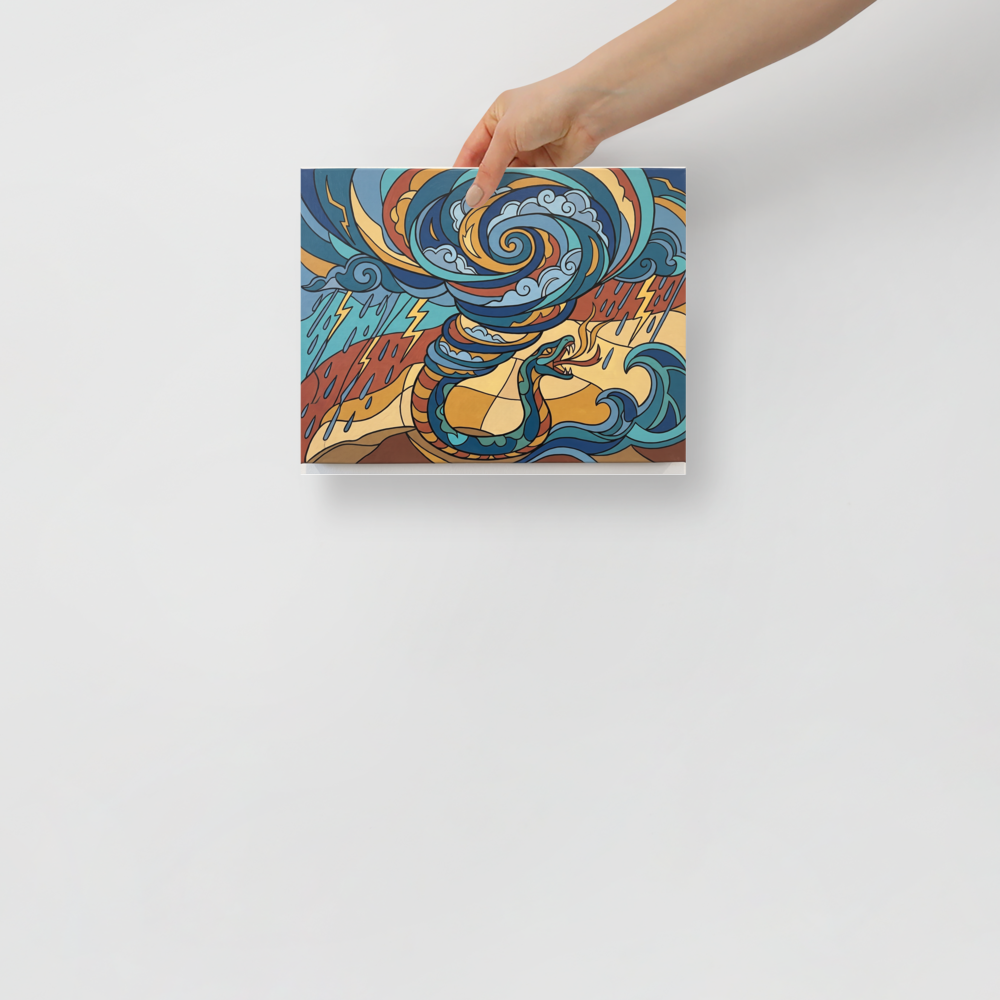 Wall art print 'Quetzalcoatl's Tempest' in a Art Nouveau style. A stained-glass style painting of a serpent summoning a storm vortex in a Game Room decor setting.