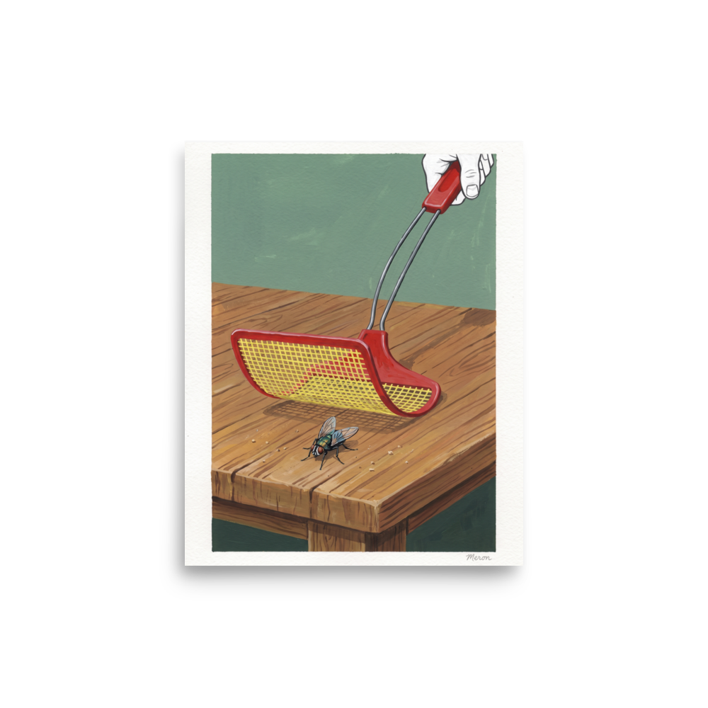 Quirky pop illustration of a red fly swatter about to swat a fly on a wooden table, ideal for kitchen wall art. Shown here as the Pop art print 'The Impending Strike'.