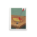 Quirky pop illustration of a red fly swatter about to swat a fly on a wooden table, ideal for kitchen wall art. Shown here as the Pop art print 'The Impending Strike'.