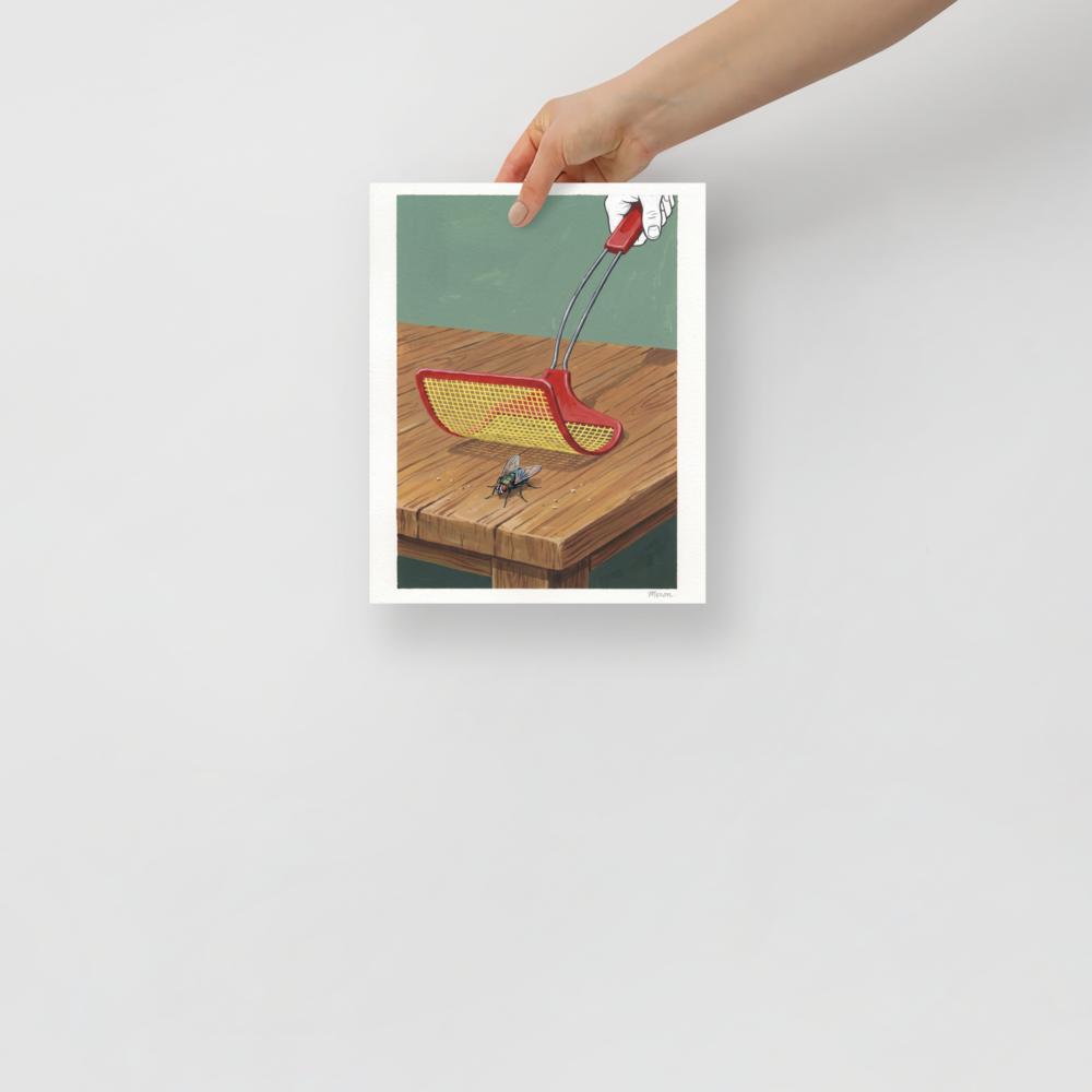 'The Impending Strike', a Pop art wall art print. Quirky pop illustration of a red fly swatter about to swat a fly on a wooden table, ideal for kitchen wall art.