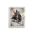 An expressive mixed-media drawing featuring a hooded figure made of fabric rags standing by a giant spoon amidst charcoal ruins with a splash of red paint, ideal for a studio. A Transgressive art art print titled 'The Weight of the Spoon'.
