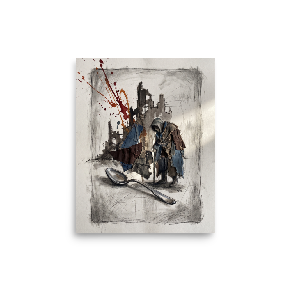 An expressive mixed-media drawing featuring a hooded figure made of fabric rags standing by a giant spoon amidst charcoal ruins with a splash of red paint, ideal for a studio. A Transgressive art art print titled 'The Weight of the Spoon'.