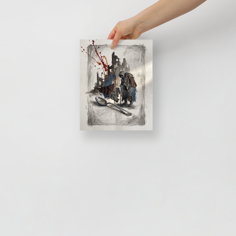 Transgressive art wall art exploring art, 'The Weight of the Spoon'. An expressive mixed-media drawing featuring a hooded figure made of fabric rags standing by a giant spoon amidst charcoal ruins with a splash of red paint, ideal for a studio.
