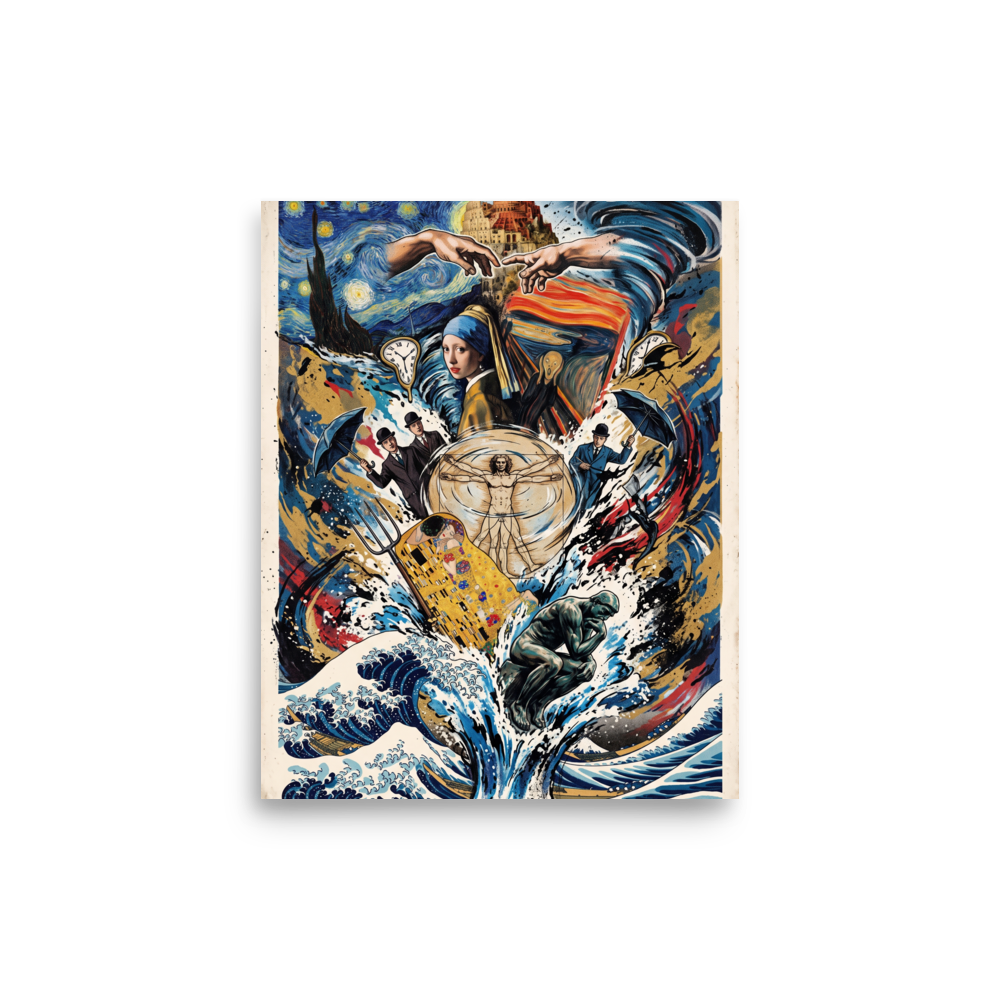 An grand art history collage featuring Van Gogh's Starry Night, Hokusai's Great Wave, and Michelangelo's hands, perfect for an elegant living room wall. A Pop art art print titled 'Symphony of Masterpieces'.