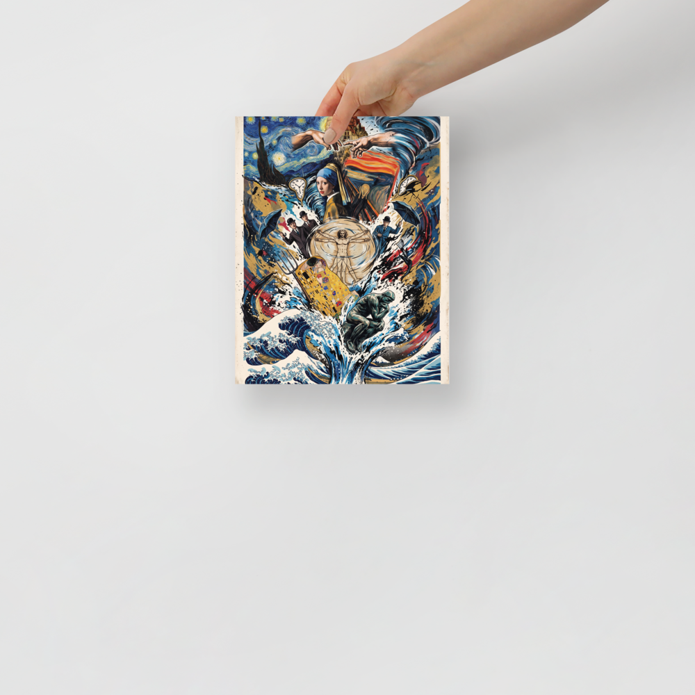 Pop art wall art for the living room, 'Symphony of Masterpieces'. An grand art history collage featuring Van Gogh's Starry Night, Hokusai's Great Wave, and Michelangelo's hands, perfect for an elegant living room wall.