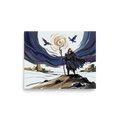 A digital illustration of Odin wandering in a snowy landscape with two ravens and a glowing sky, ideal for a cozy Den or Office. Shown here as the Digital art print 'The Wanderer's Eye'.