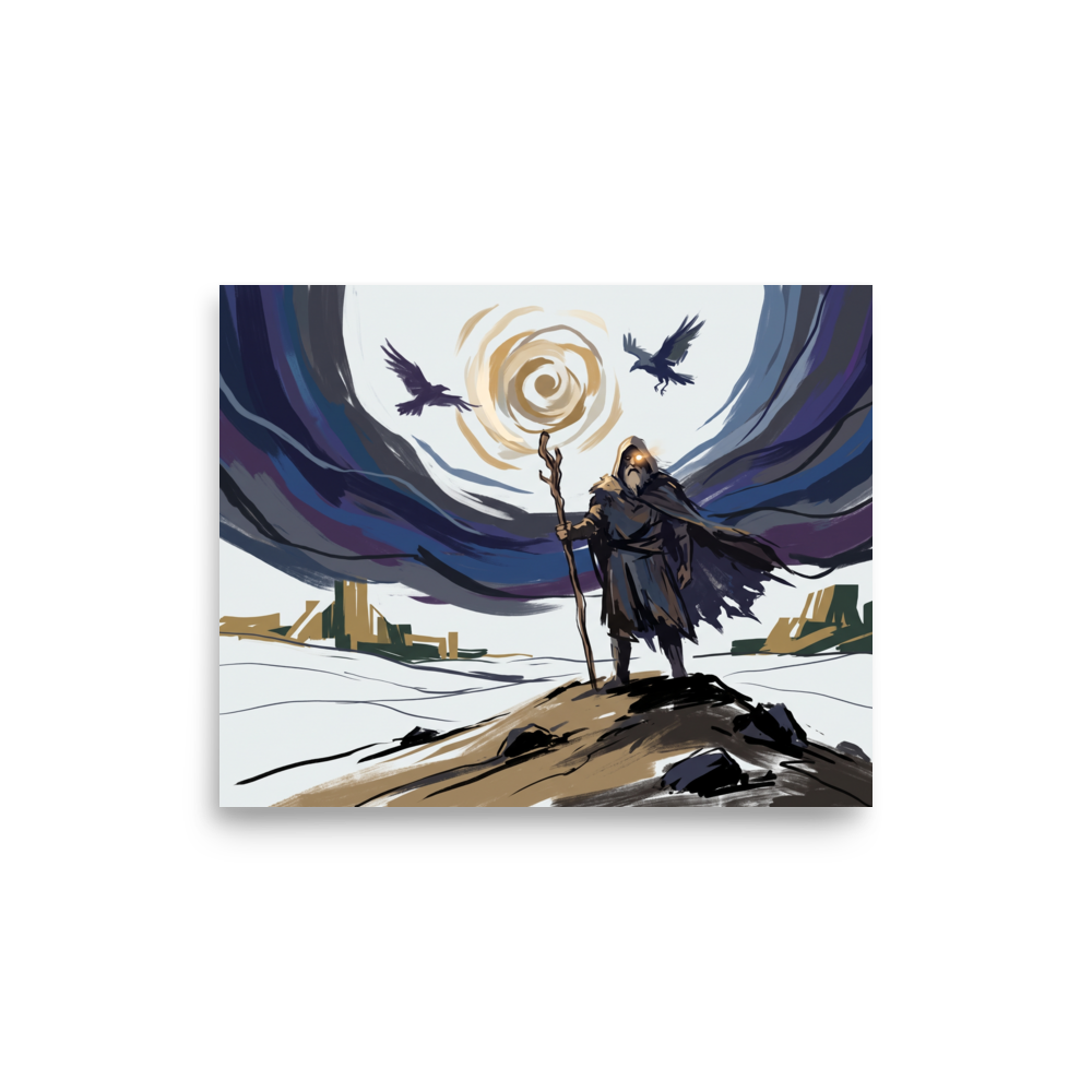 A digital illustration of Odin wandering in a snowy landscape with two ravens and a glowing sky, ideal for a cozy Den or Office. Shown here as the Digital art print 'The Wanderer's Eye'.