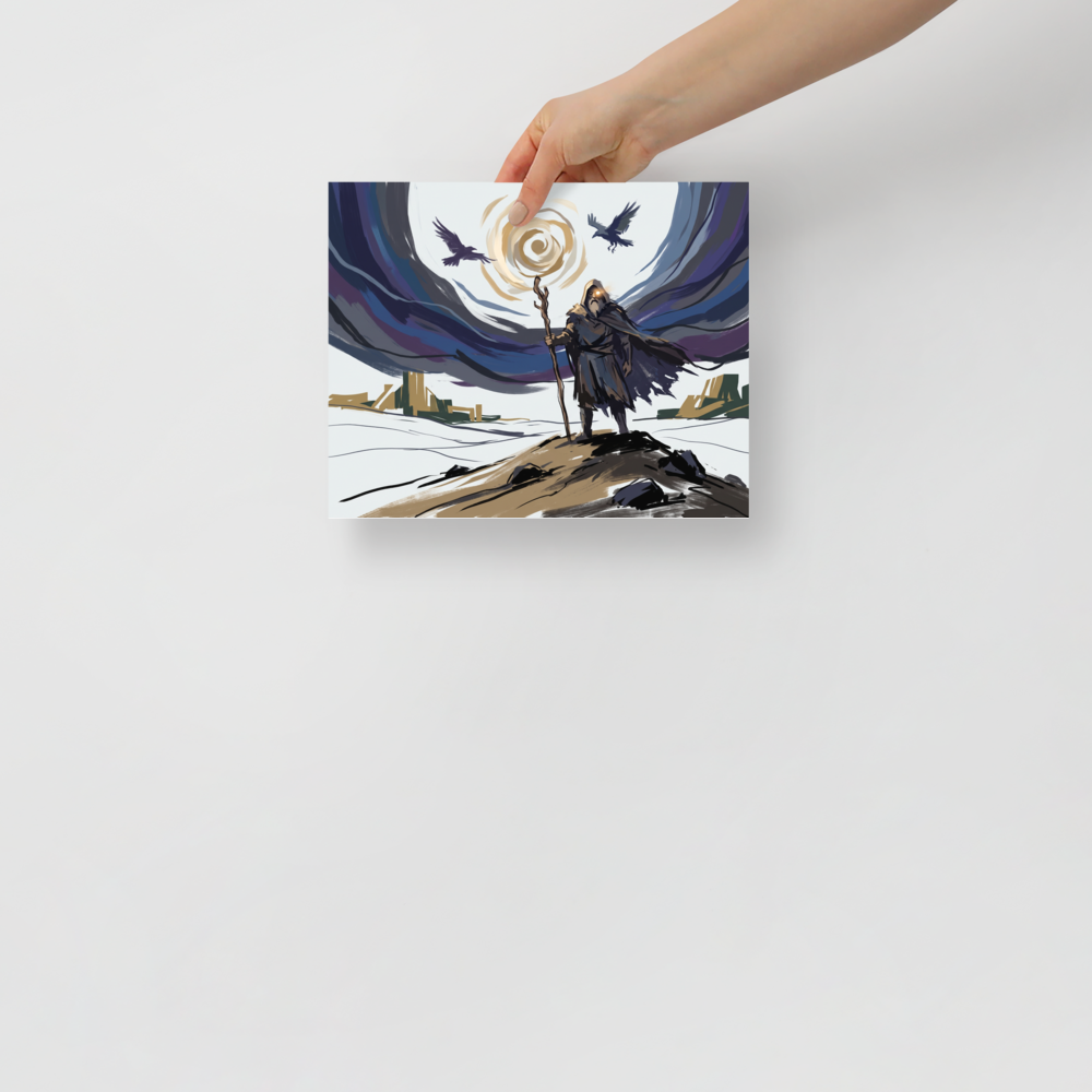 Wall art print 'The Wanderer's Eye' in a Digital art style. A digital illustration of Odin wandering in a snowy landscape with two ravens and a glowing sky, ideal for a cozy Den or Office.