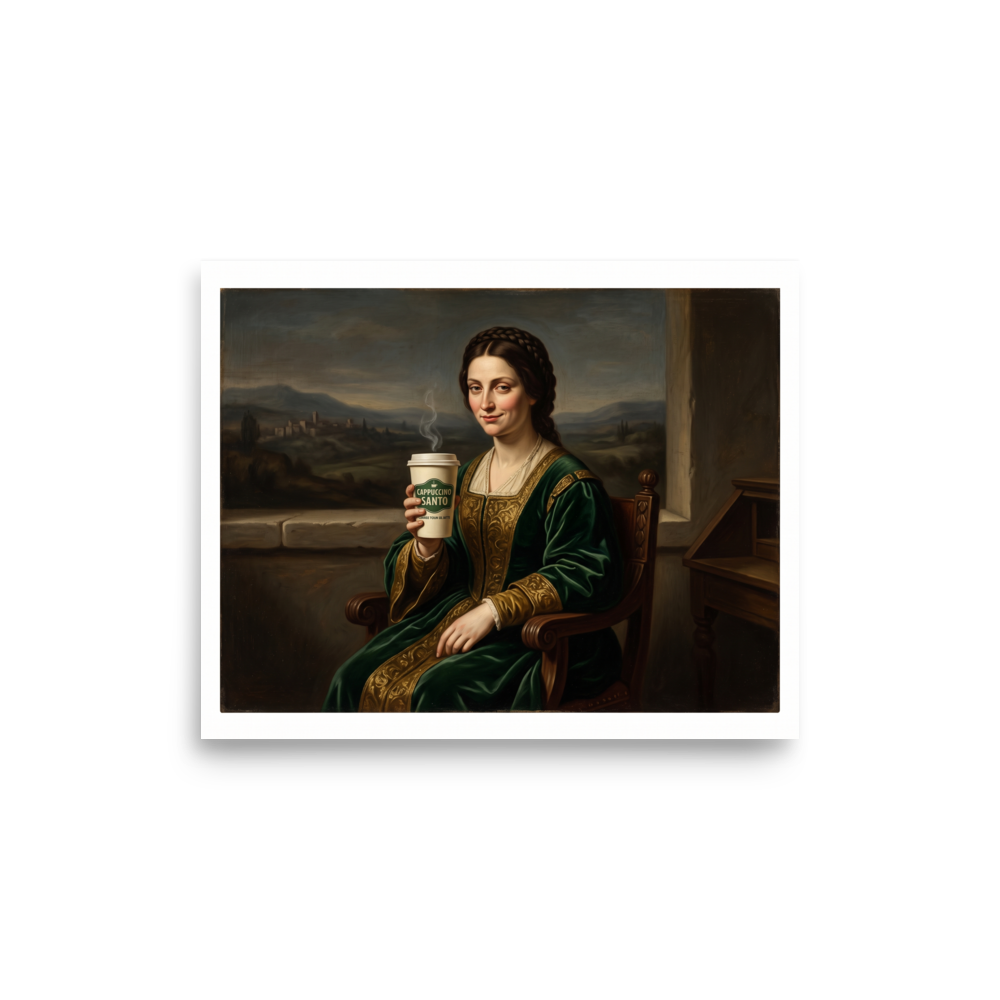 A amusement / humorous Renaissance print, 'Cappuccino Santo'. An oil painting of a Renaissance lady in a green velvet gown with a Mona Lisa smile holding a steaming paper coffee cup labeled Cappuccino Santo, perfect for a kitchen or dining room.