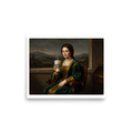 A amusement / humorous Renaissance print, 'Cappuccino Santo'. An oil painting of a Renaissance lady in a green velvet gown with a Mona Lisa smile holding a steaming paper coffee cup labeled Cappuccino Santo, perfect for a kitchen or dining room.