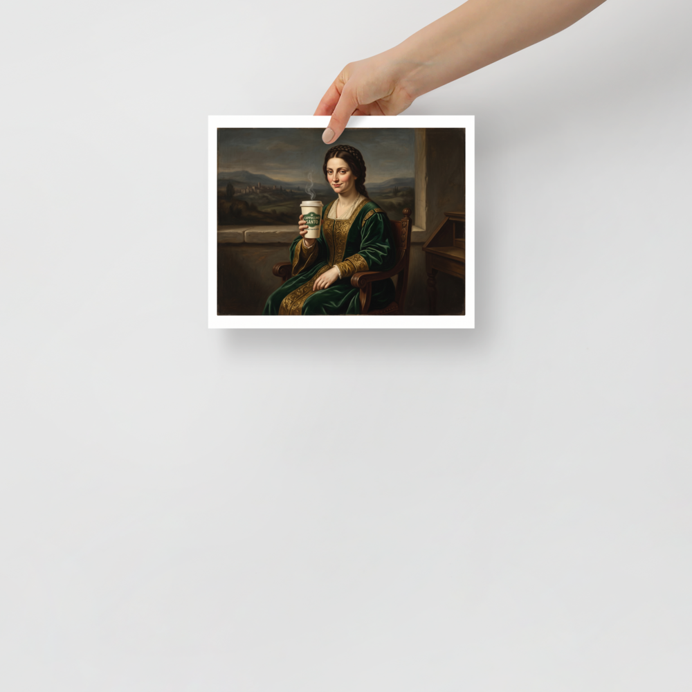 An oil painting of a Renaissance lady in a green velvet gown with a Mona Lisa smile holding a steaming paper coffee cup labeled Cappuccino Santo, perfect for a kitchen or dining room. Available as the Renaissance art print 'Cappuccino Santo'.