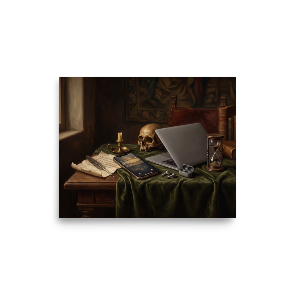A dark oil painting in the classical Vanitas style showing a skull, hourglass, and candle resting on a green tablecloth beside a modern laptop and smartphone, ideal for an office. A admiration / absorbing piece titled 'Digital Vanitas'.