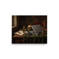 A dark oil painting in the classical Vanitas style showing a skull, hourglass, and candle resting on a green tablecloth beside a modern laptop and smartphone, ideal for an office. A admiration / absorbing piece titled 'Digital Vanitas'.