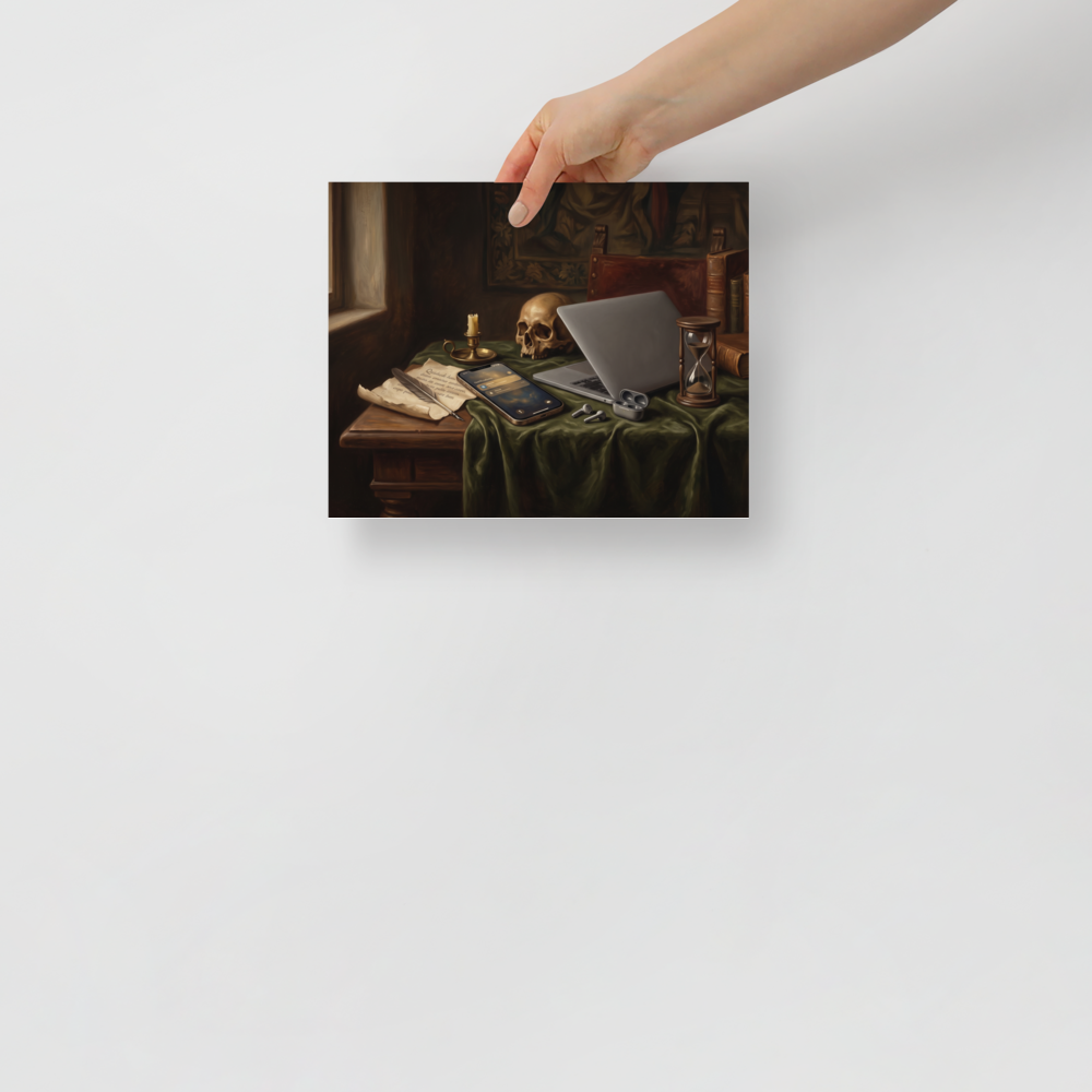 'Digital Vanitas' by Meron. A dark oil painting in the classical Vanitas style showing a skull, hourglass, and candle resting on a green tablecloth beside a modern laptop and smartphone, ideal for an office. A Vanitas wall art print.