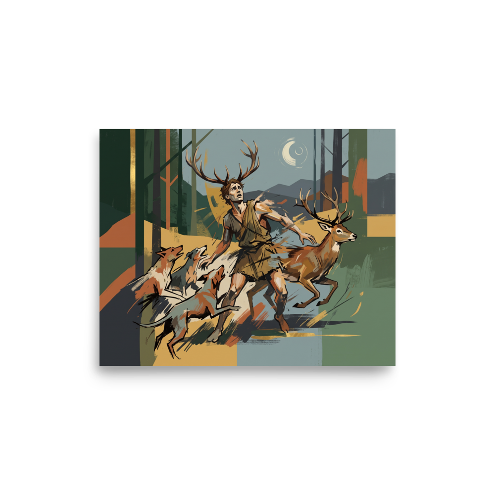 Fine art print 'Actaeon's Fate' in a Modernism style. Modern graphic art print depicting the myth of Actaeon transforming into a stag, ideal for a office wall.