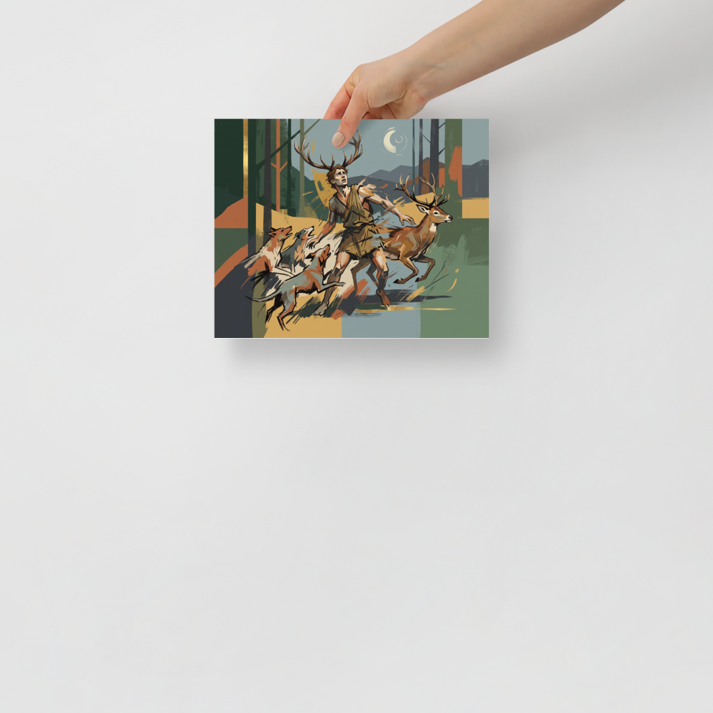A striking scene in dark olive green and peru, 'Actaeon's Fate'. Modern graphic art print depicting the myth of Actaeon transforming into a stag, ideal for a office wall.