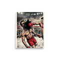 'Halftone Knockout: Lionheart', Pop art wall art in red and black. Vintage comic book halftone print of a boxing knockout punch with black ink splatter impact, ideal wall art for a gym or man cave.