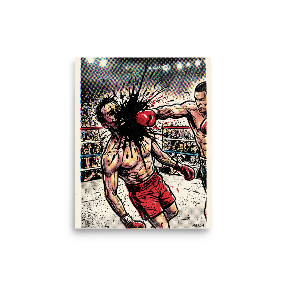 'Halftone Knockout: Lionheart', Pop art wall art in red and black. Vintage comic book halftone print of a boxing knockout punch with black ink splatter impact, ideal wall art for a gym or man cave.