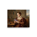 Renaissance wall art for the living room, 'The Digital Epistle'. An oil painting of a Renaissance noblewoman in crimson velvet and pearls looking down at the soft glow of a smartphone by a table with books, fitting for a living room or bedroom.