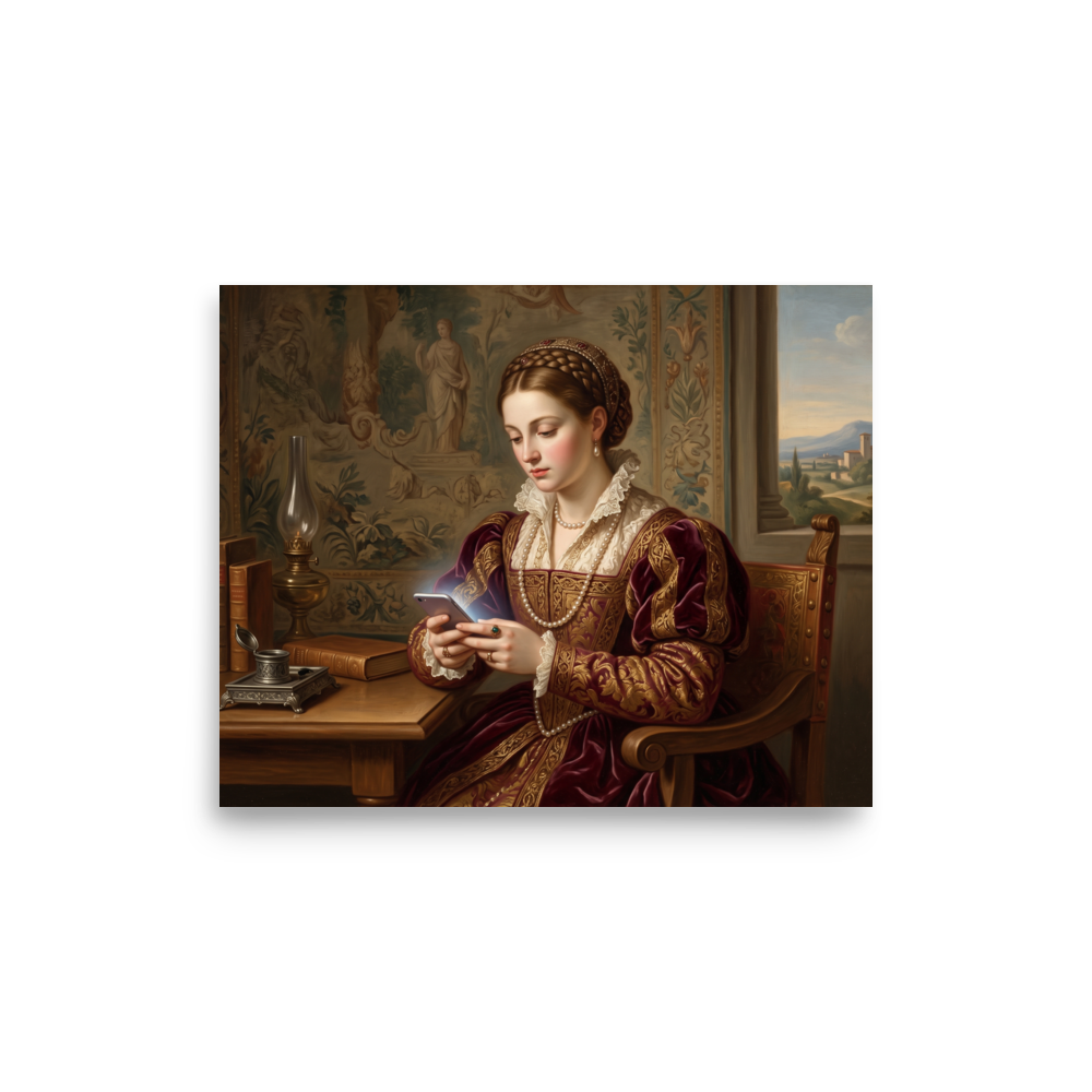 Renaissance wall art for the living room, 'The Digital Epistle'. An oil painting of a Renaissance noblewoman in crimson velvet and pearls looking down at the soft glow of a smartphone by a table with books, fitting for a living room or bedroom.