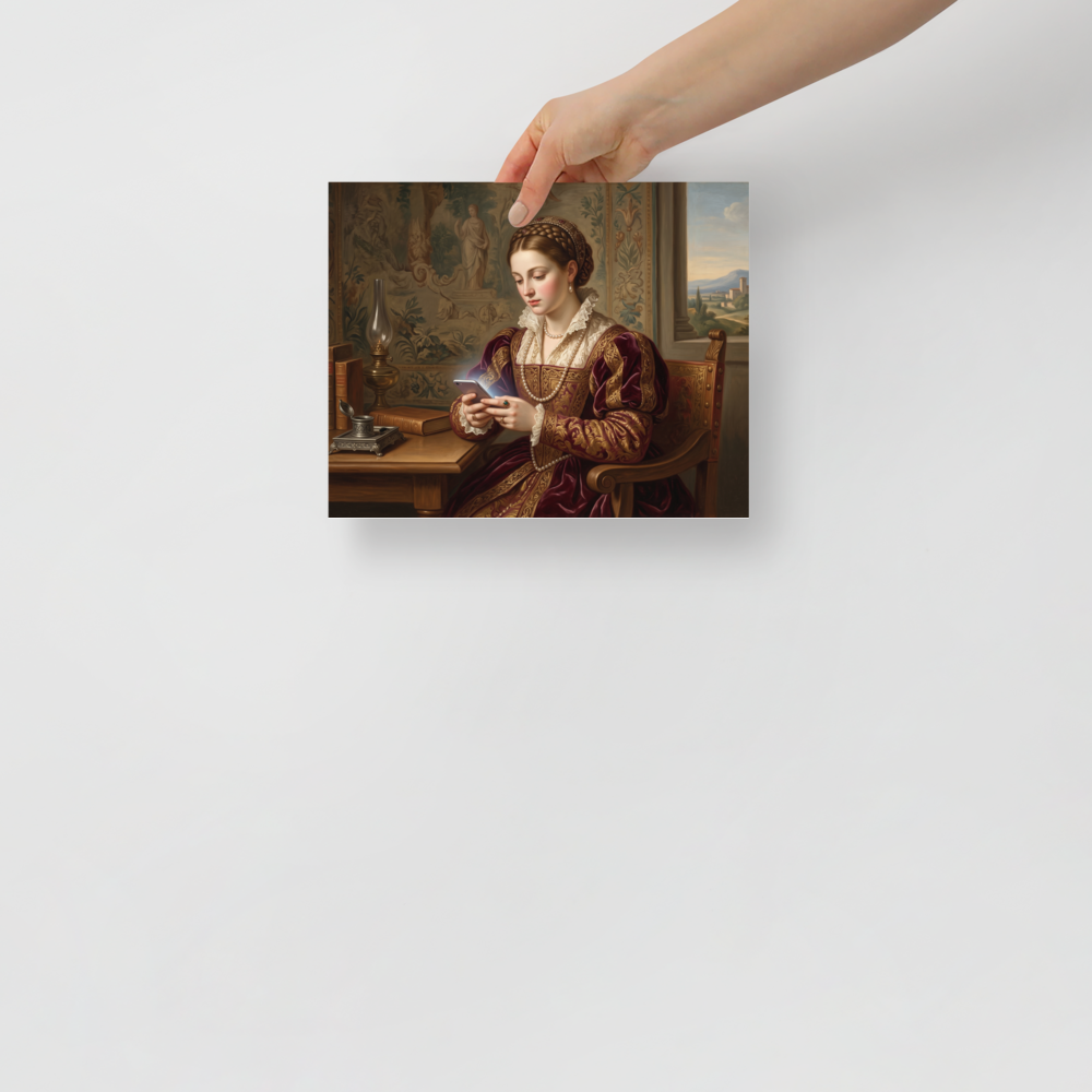 An oil painting of a Renaissance noblewoman in crimson velvet and pearls looking down at the soft glow of a smartphone by a table with books, fitting for a living room or bedroom. A Renaissance art print titled 'The Digital Epistle'.