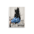 A mystical / mysterious Surrealism print, 'Ephemeral Feline Examination'. Surreal pencil and charcoal illustration of blue gloved hands holding a cat silhouette dissolving into dark ink strokes, suitable for clinic or studio wall art.