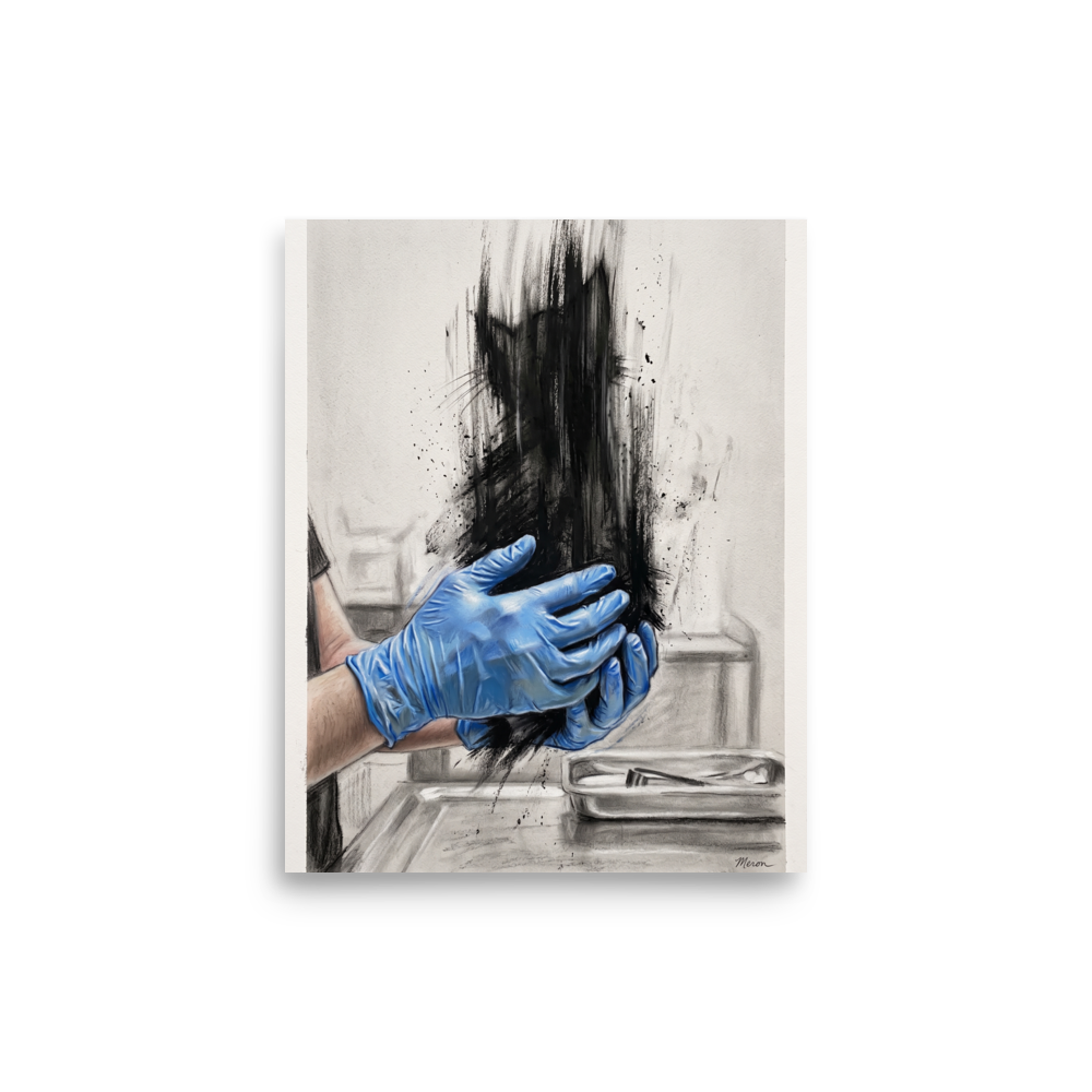 A mystical / mysterious Surrealism print, 'Ephemeral Feline Examination'. Surreal pencil and charcoal illustration of blue gloved hands holding a cat silhouette dissolving into dark ink strokes, suitable for clinic or studio wall art.