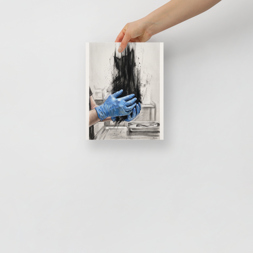 'Ephemeral Feline Examination', Surrealism wall art in blue and black. Surreal pencil and charcoal illustration of blue gloved hands holding a cat silhouette dissolving into dark ink strokes, suitable for clinic or studio wall art.