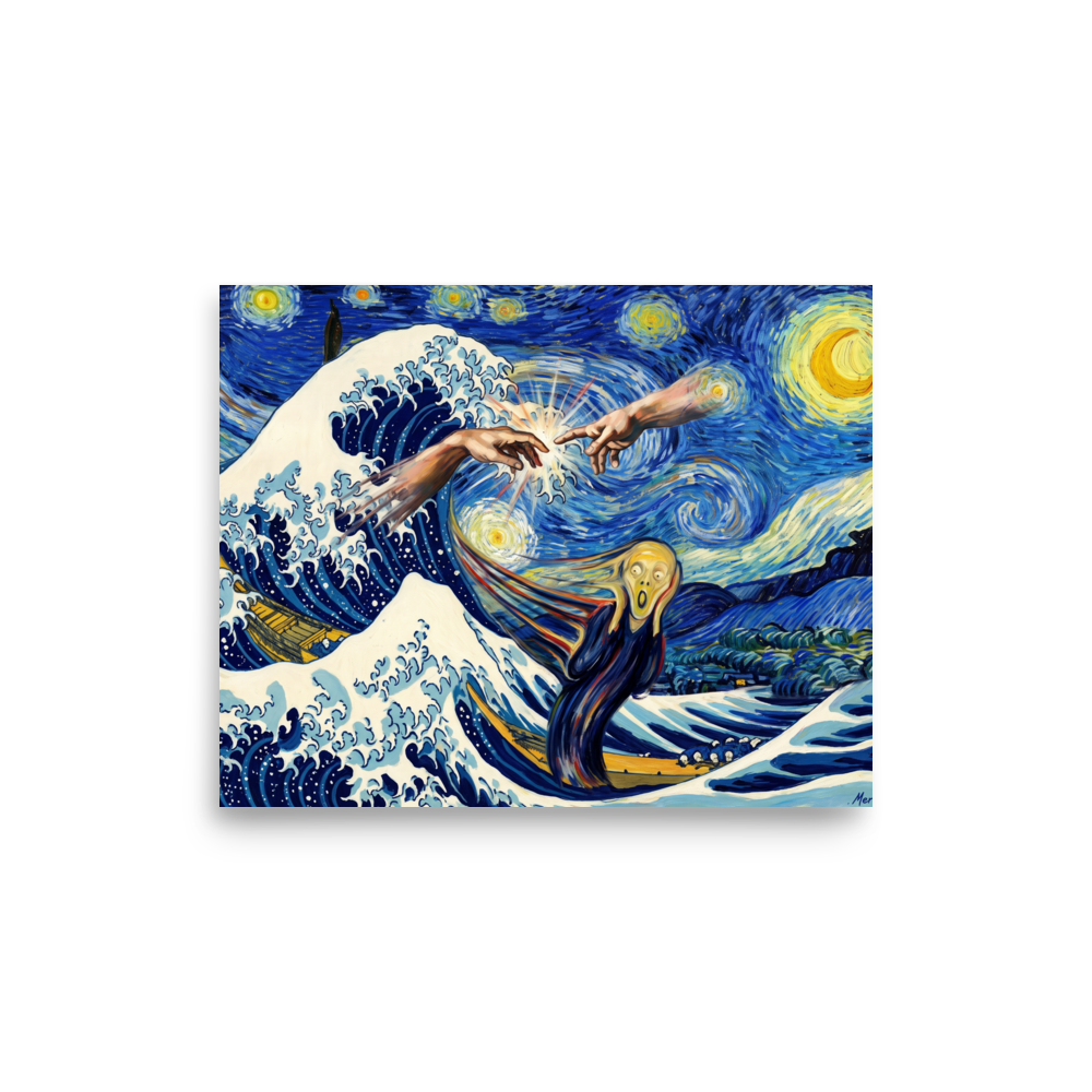Surreal art mashup poster combining Van Gogh's Starry Night sky, Hokusai's Great Wave, Creation of Adam hands, and Munch's Scream figure, ideal for living room wall art. 'Cosmic Collision of Masterpieces', a Post-Impressionism print for the wall.