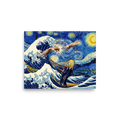 Surreal art mashup poster combining Van Gogh's Starry Night sky, Hokusai's Great Wave, Creation of Adam hands, and Munch's Scream figure, ideal for living room wall art. 'Cosmic Collision of Masterpieces', a Post-Impressionism print for the wall.